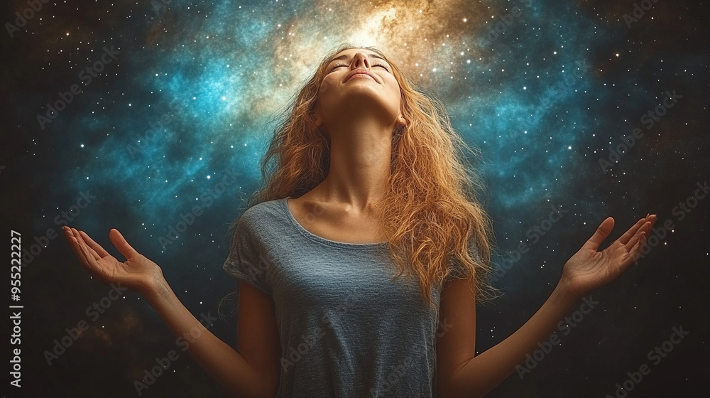 silhouette of a thin woman stands with arms raised in worship under a vast, starry night sky, symbolizing spiritual connection, inner peace, and the vastness of the universe silhouette of a thin woman stands with arms raised in worship under a vast, starry night sky, symbolizing spiritual connection, inner peace, and the vastness of the universe