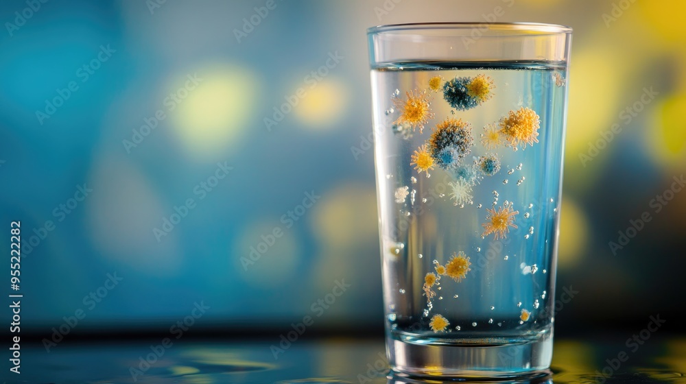 Contaminated water in a drinking glass, with bacteria and viruses visible, illustrating the dangers of unsafe drinking water. Contaminated water in a drinking glass, with bacteria and viruses visible, illustrating the dangers of unsafe drinking water.