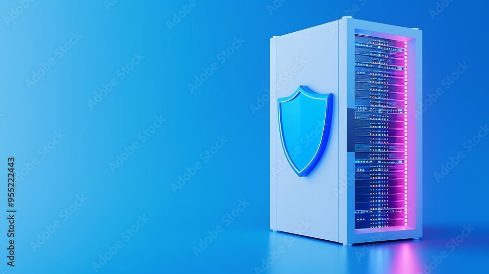 Server rack with a digital shield icon on a blue background, representing cybersecurity and data protection in a modern IT environment. Server rack with a digital shield icon on a blue background, representing cybersecurity and data protection in a modern IT environment.