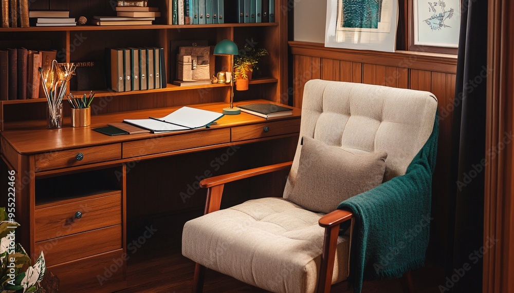 Serene reading nook featuring a cozy chair and a functional desk, promoting a relaxing work space for inspiration and tranquility. Serene reading nook featuring a cozy chair and a functional desk, promoting a relaxing work space for inspiration and tranquility.