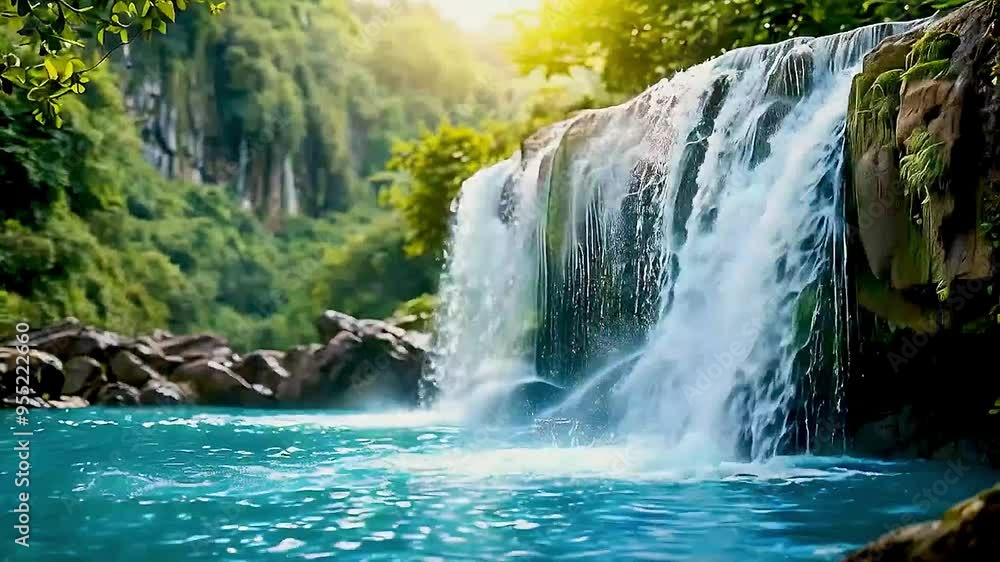 a waterfall and a lake in the background a waterfall and a lake in the background