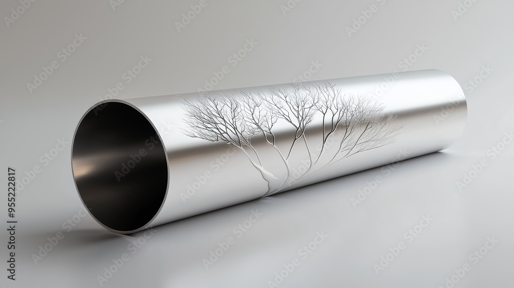 A stainless steel tube mockup with an abstract design of small trees etched along its surface, representing reforestation and carbon offset efforts. A stainless steel tube mockup with an abstract design of small trees etched along its surface, representing reforestation and carbon offset efforts.