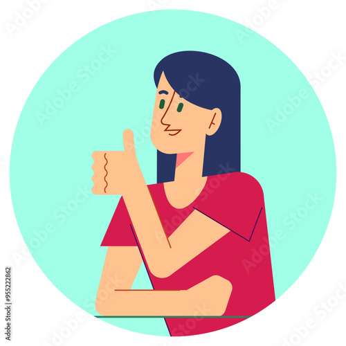 Person showing positive emotions with Ok. Flat vector illustration of a woman, thumbs up.