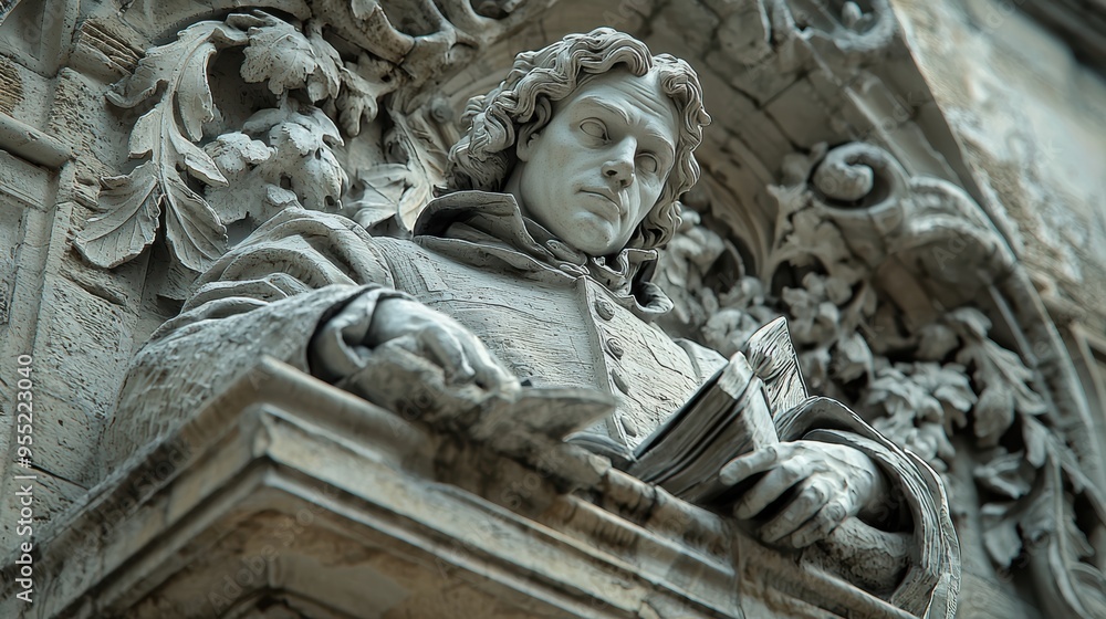 Fototapeta premium Stone Sculpture of a Man Holding a Book.
