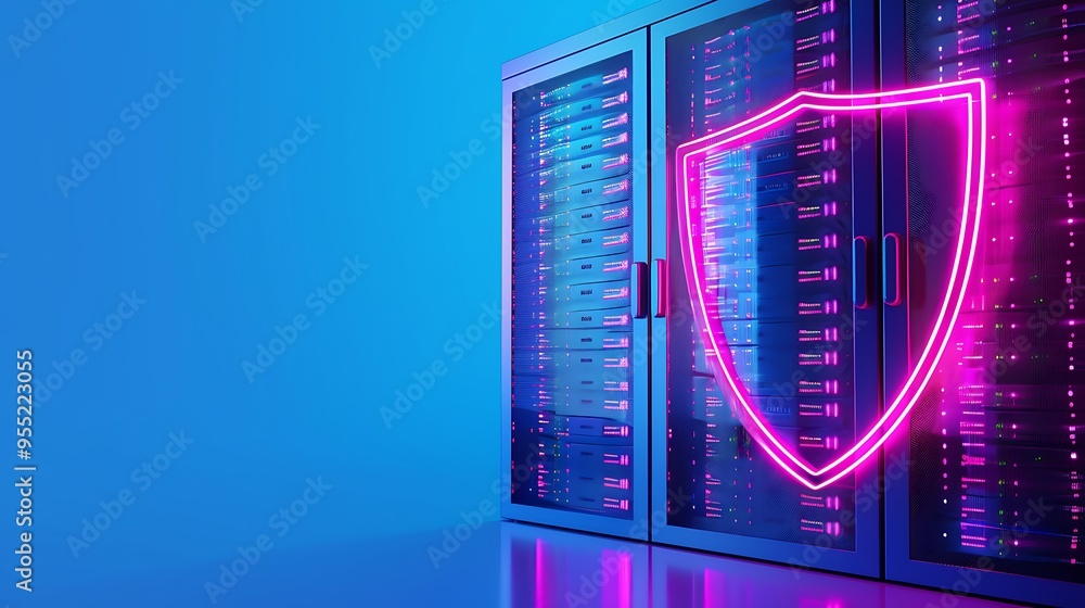 Server room with neon pink shield icon symbolizing data security and protection in a blue-lit data center environment. Server room with neon pink shield icon symbolizing data security and protection in a blue-lit data center environment.