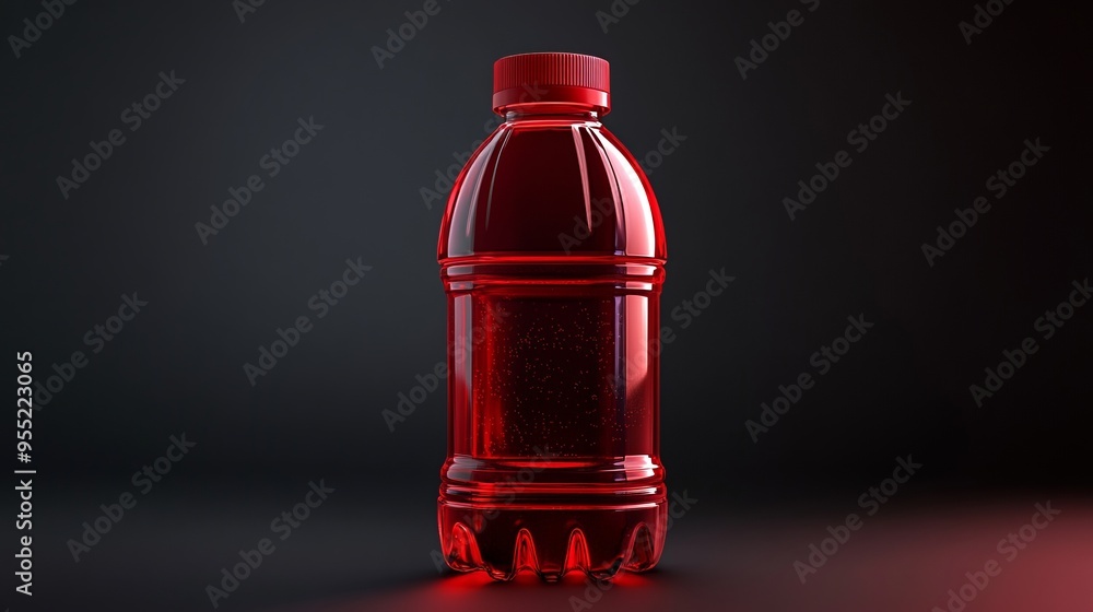 Red Plastic Bottle With Liquid on Black Background. Red Plastic Bottle With Liquid on Black Background.