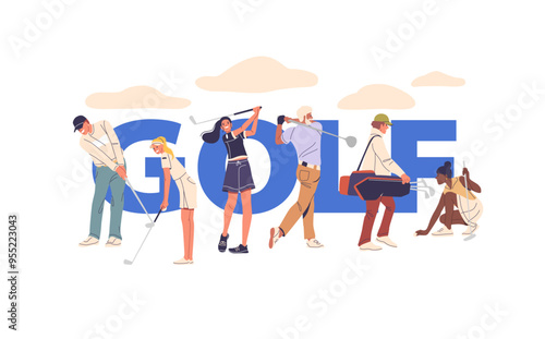 Male and Female Characters Equipped with Essential Golfing Gear, Engaged in Playing Golf Activity. Vector Poster, Banner