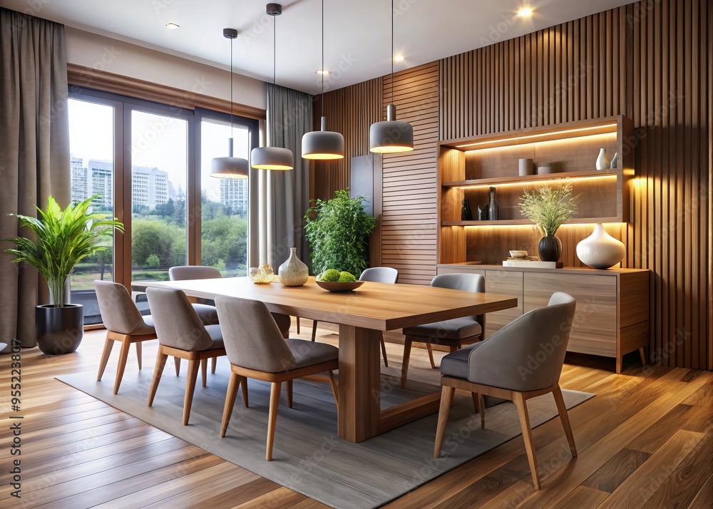Fototapeta premium Contemporary wooden dining room features sleek furniture and modern lighting fixtures, creating a warm and inviting