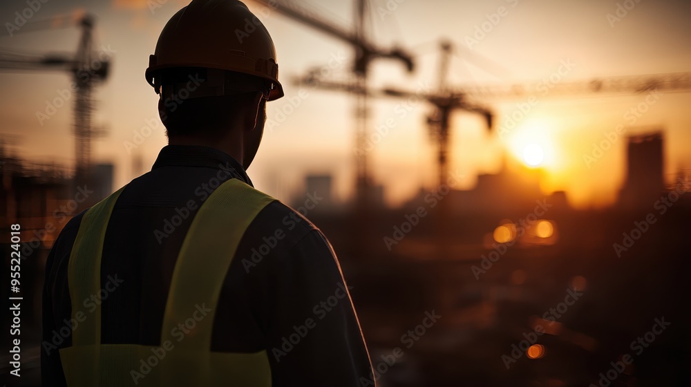 A worker in a helmet and reflective vest stands with his back towards the camera, overlooking a construction site at sunset, with cranes and skyscrapers silhouetted against the sky. A worker in a helmet and reflective vest stands with his back towards the camera, overlooking a construction site at sunset, with cranes and skyscrapers silhouetted against the sky.