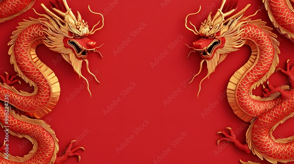 Fototapeta premium Two red dragons are on a red background