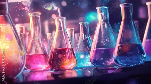 Colorful Beakers with Glowing Liquids.