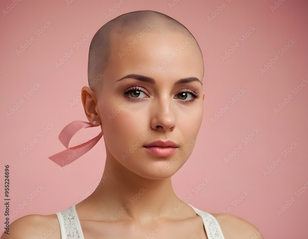portrait of a breast cancer fighter woman shaved hairs stunning eyes light pink background portrait of a breast cancer fighter woman shaved hairs stunning eyes light pink background