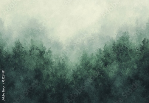 An abstract representation of a dense, misty forest, showcasing a gradient of greens that evoke a serene, ethereal atmosphere, perfect for themes of nature and tranquility