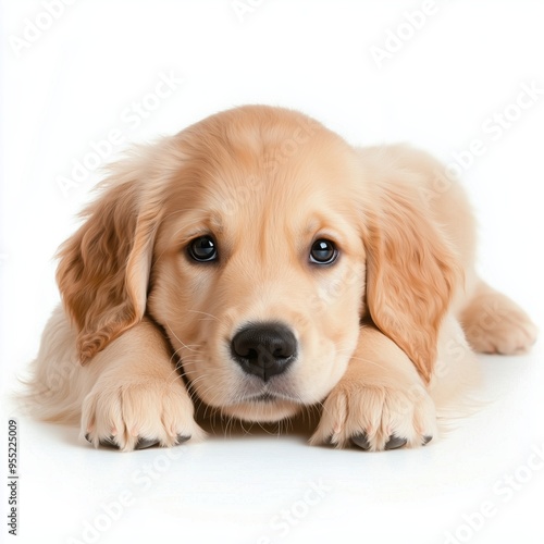 A cute golden retriever puppy lying its head on its front paws; isolated on a white background.