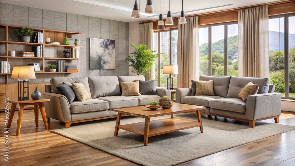 Cozy living room furniture set in a warmly lit space, showcasing plush couches and armchairs amidst a calming