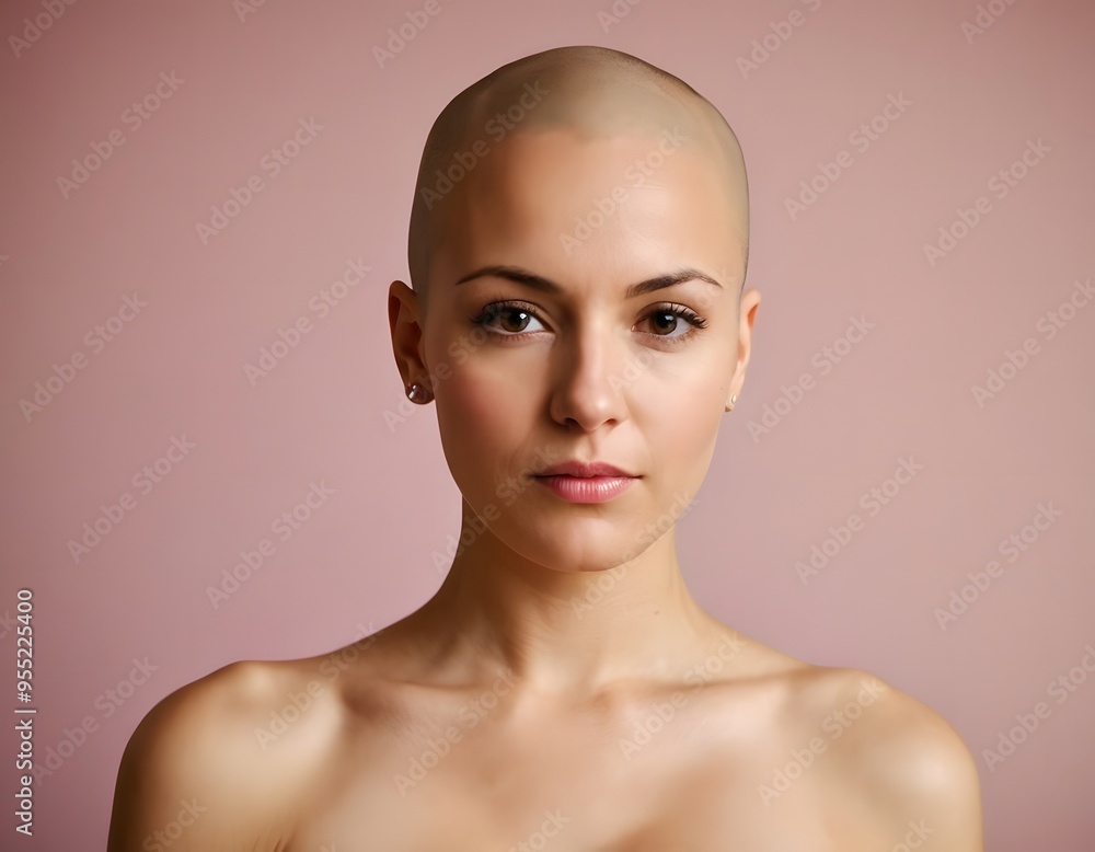 Image of beautiful young shaved hair girl fighting with cancer light pink background Image of beautiful young shaved hair girl fighting with cancer light pink background
