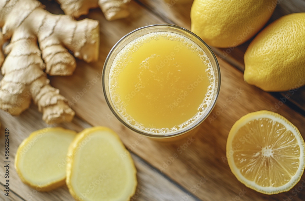 ginger and lemon juice drink is placed on the wooden table ginger and lemon juice drink is placed on the wooden table