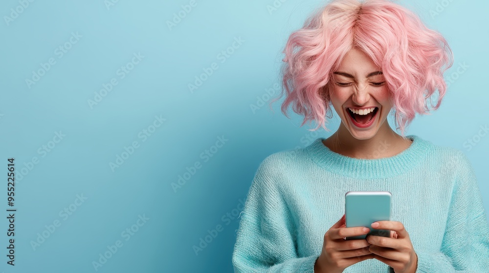 A young woman with vivacious pastel pink hair sports a wide smile as she uses a phone, captured against a light teal background, exuding joy and excitement for communication. A young woman with vivacious pastel pink hair sports a wide smile as she uses a phone, captured against a light teal background, exuding joy and excitement for communication.