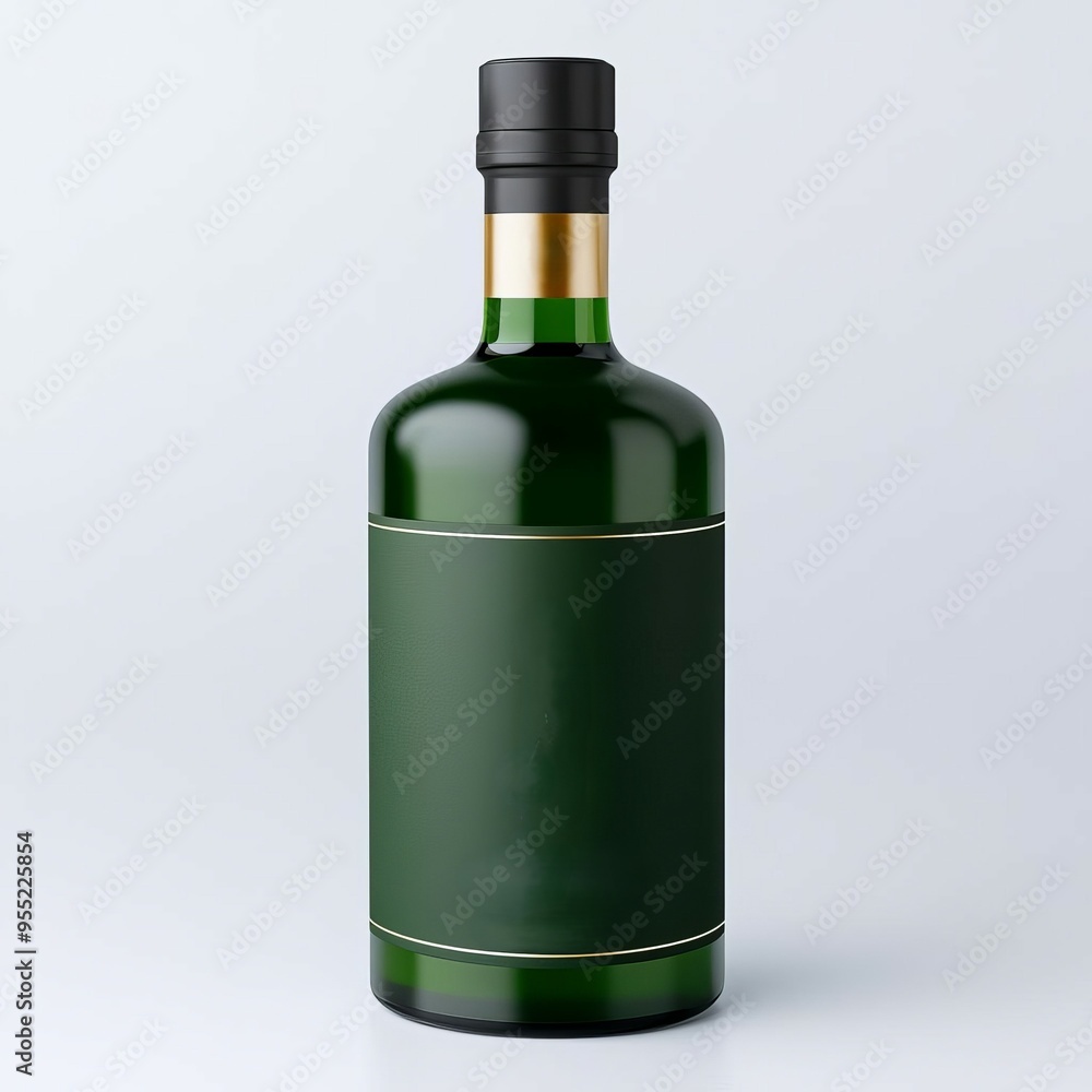 Glass bottle of olive oil with a green label and a gold logo. Glass bottle of olive oil with a green label and a gold logo.