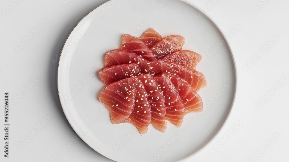 Sashimi tuna slices with sesame seeds on white plate. Sashimi tuna slices with sesame seeds on white plate.