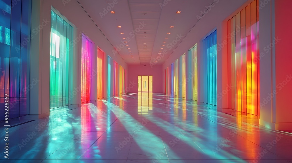 Vibrant Colorful Geometric Hallway with Neon Lighting Reflecting on Glass Surfaces Vibrant Colorful Geometric Hallway with Neon Lighting Reflecting on Glass Surfaces