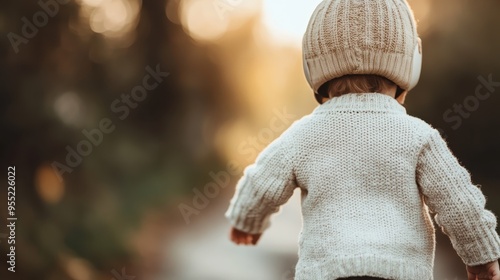 A toddler wearing a cozy white knit sweater and helmet, enjoying an outdoor ride with the backdrop of autumn hues, capturing the essence of childhood adventure and innocence. photo