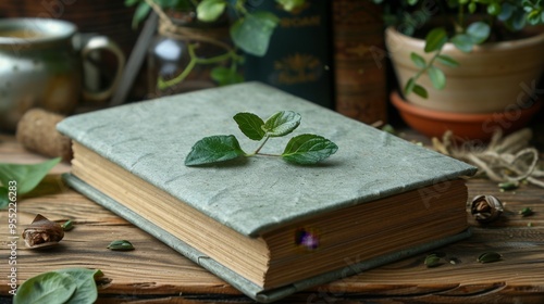 still life with books and leaves Recycled paper notebook with seed-infused cover on rush photo