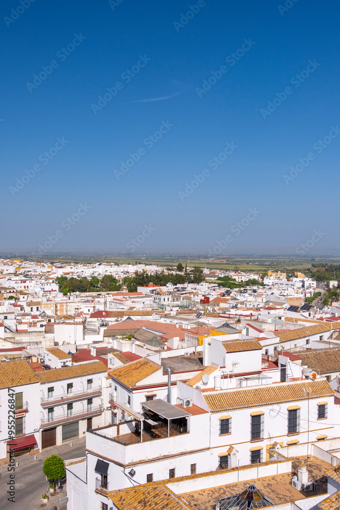 Panoramic view of a charming whitewashed town with tightly packed houses and rooftops under a clear blue sky, highlighting a picturesque urban landscape in Carmona Andalusia Spain Panoramic view of a charming whitewashed town with tightly packed houses and rooftops under a clear blue sky, highlighting a picturesque urban landscape in Carmona Andalusia Spain
