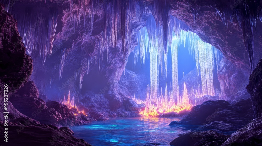 custom made wallpaper toronto digitalGlimmering Grotto: Crystal Cave with Glowing Stalactites and Stalagmites