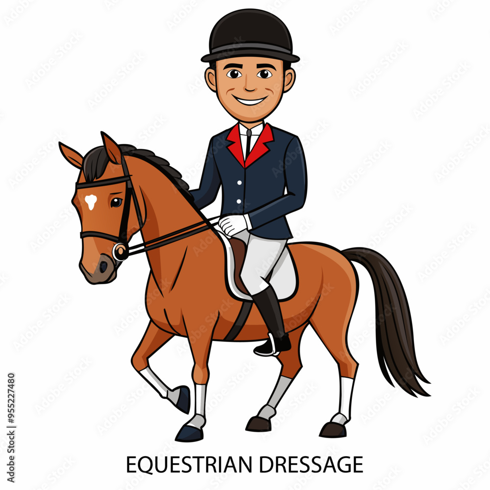 Equestrian dressage athlete isolated on white background in cartoon style. Summer Games 2024. Vector illustration. Equestrian dressage athlete isolated on white background in cartoon style. Summer Games 2024. Vector illustration.