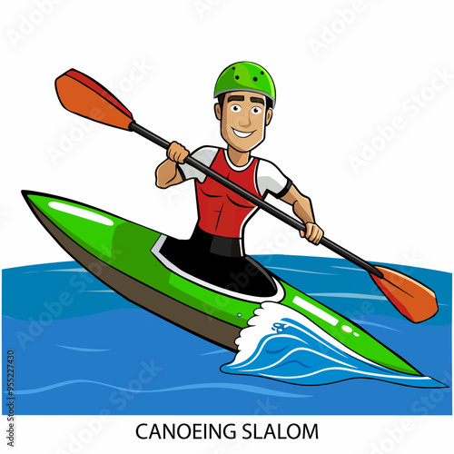 Canoeing slalom athlete isolated on white background in cartoon style. Summer Games 2024. Vector illustration.