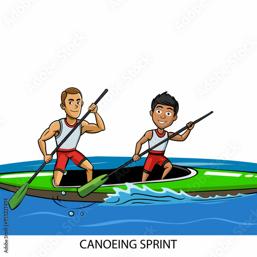 Two sprinter canoes isolated on a white background in cartoon style. Summer Games 2024. Vector illustration.