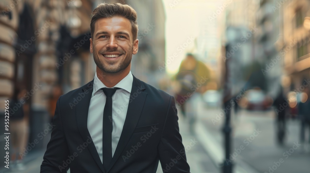 portrait of a handsome smiling white young businessman boss in a black suit walking on a city street to his company office. blurry street background, confident portrait of a handsome smiling white young businessman boss in a black suit walking on a city street to his company office. blurry street background, confident