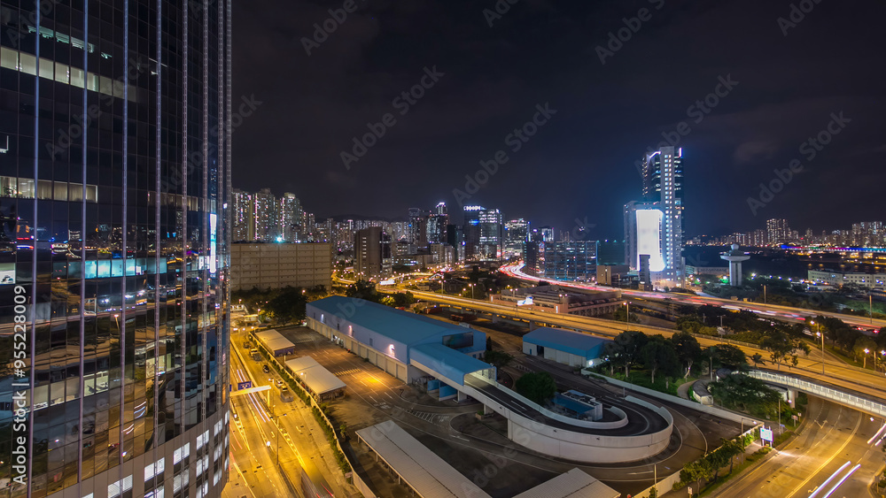 Aerial view of busy traffic night in finance urban timelapse hyperlapse with panorama of city buildings, Hong Kong city Aerial view of busy traffic night in finance urban timelapse hyperlapse with panorama of city buildings, Hong Kong city