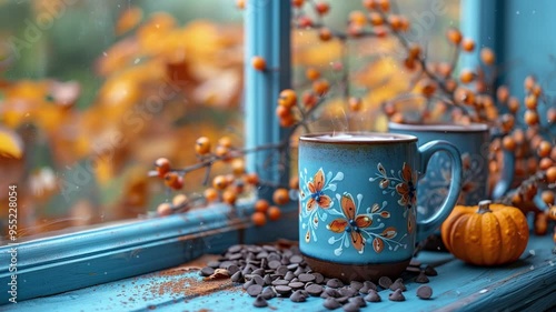 Seamless loop of cozy steaming cups of coffee, cocoa, fall, autumn, Halloween, cozy late summer scenery, illustration, 4K, 16:9, video background