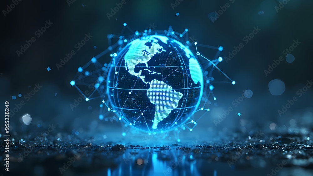 Holographic Globe with Bright Blue Network in Atmospheric Background Holographic Globe with Bright Blue Network in Atmospheric Background