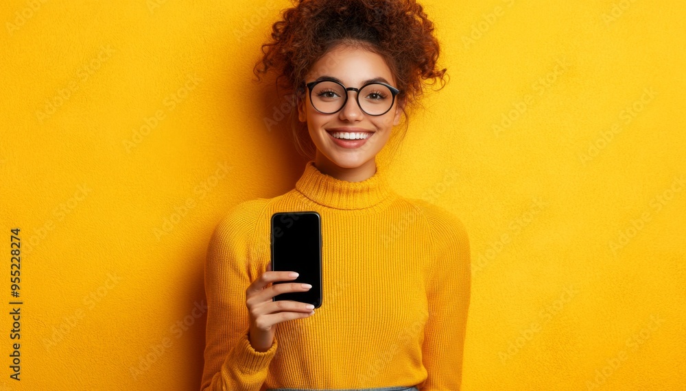 Fototapeta premium Empowered Professional Woman: Smiling Female Executive Using Smartphone in Modern Office Setting. Illustrating Work-Life Balance, Digital Connectivity, and Inclusive Corporate Culture for Labor Day Ma