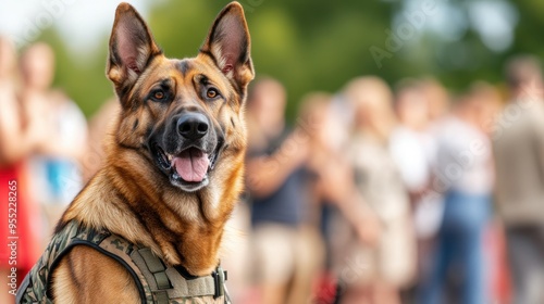 A focused police dog in a tactical vest, showcasing strength and loyalty amidst a blurred crowd of people in the background.