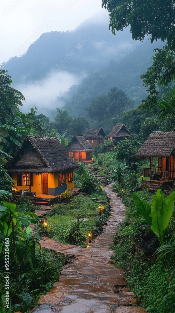 A community-based eco-tourism project in Laos, where visitors engage with local villagers in conservation activities, A community-based eco-tourism project in Laos, where visitors engage with local villagers in conservation activities,