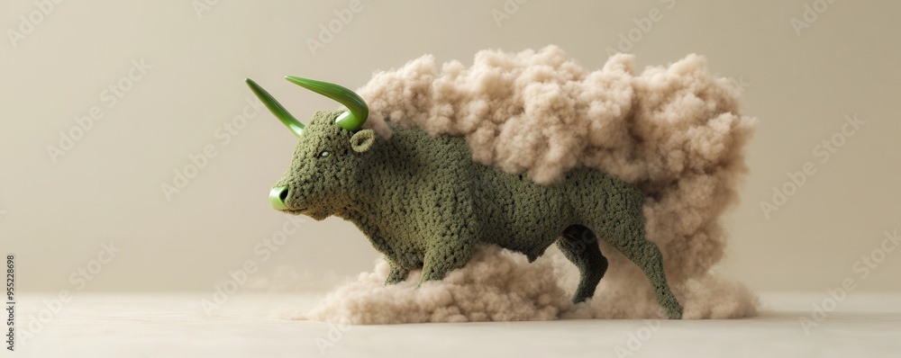 Obraz premium A green bull emerges from a cloud of dust, symbolizing strength and resilience in a dynamic environment.
