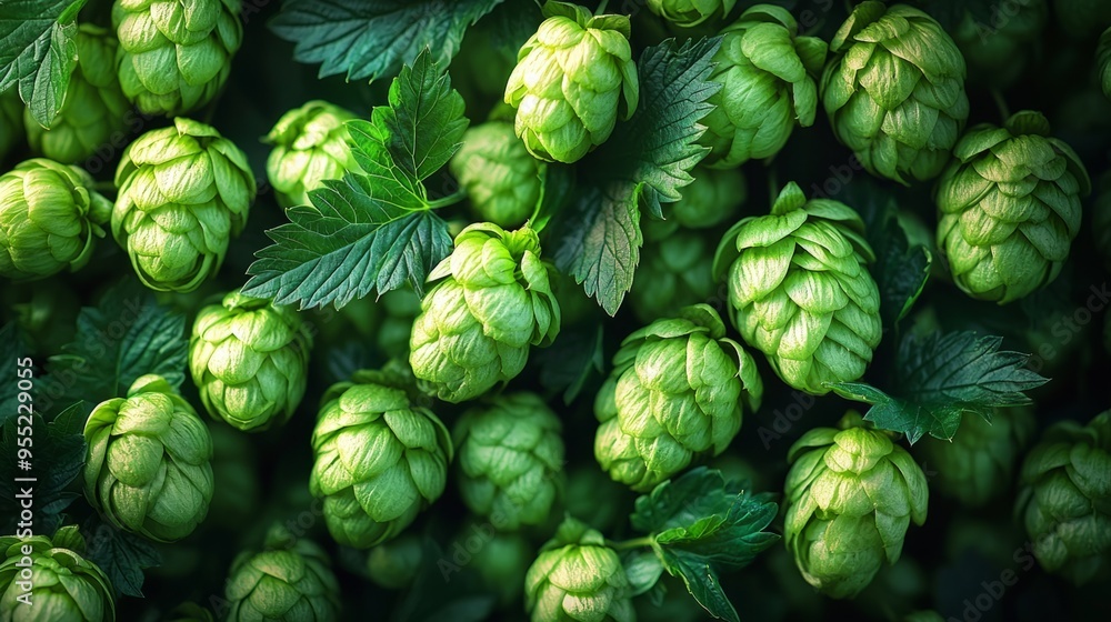 Green fresh hop cones for making beer and bread close up Green fresh hop cones for making beer and bread close up
