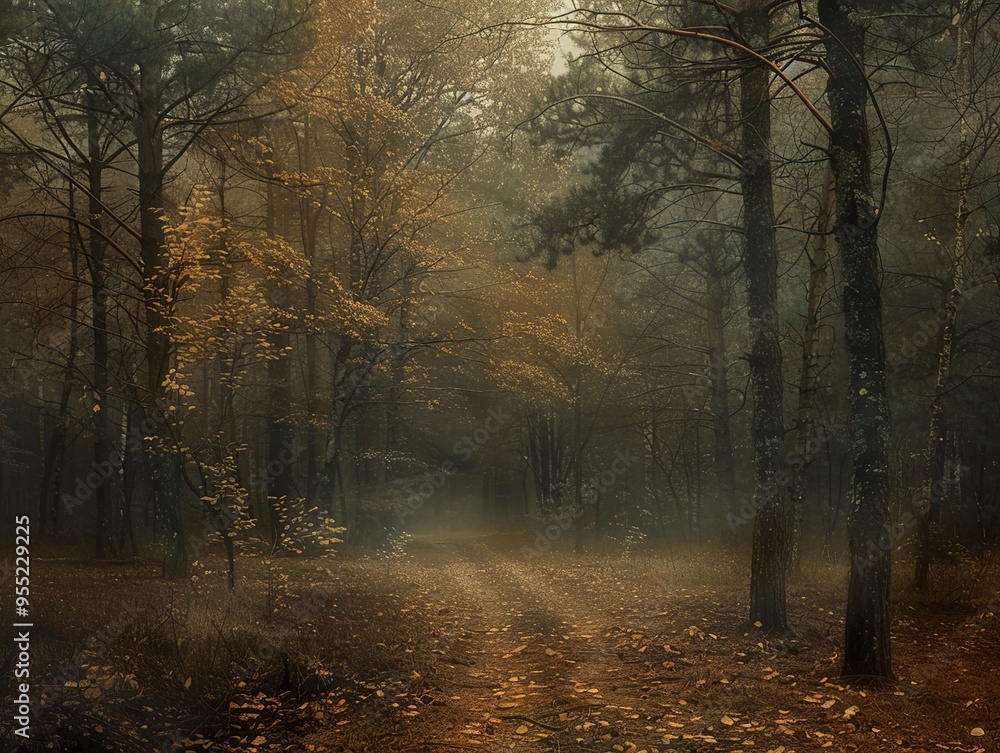 A misty forest path winds through tall trees with golden leaves, creating a sense of mystery and tranquility. A misty forest path winds through tall trees with golden leaves, creating a sense of mystery and tranquility.