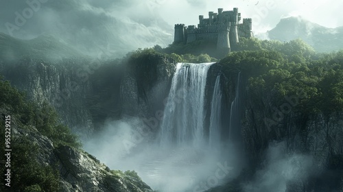 Ethereal Castle in Waterfall Mist: A Fantasy Landscape