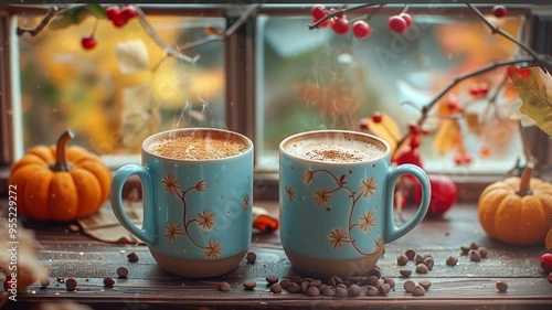 Seamless loop of cozy steaming cups of coffee, cocoa, fall, autumn, Halloween, cozy late summer scenery, illustration, 4K, 16:9, video background