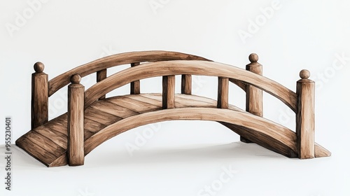 A beautifully crafted wooden bridge, perfect for enhancing garden landscapes or architectural designs. photo