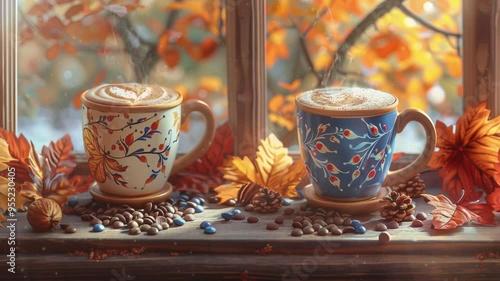 Seamless loop of cozy steaming cups of coffee, cocoa, fall, autumn, Halloween, cozy late summer scenery, illustration, 4K, 16:9, video background