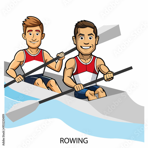 Athletes rowers isolated on white background in cartoon style. Vector illustration.