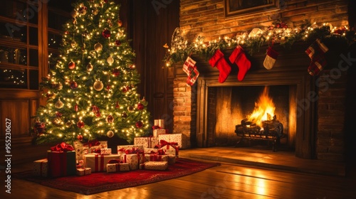 Christmas Tree with Decorations Near a Fireplace with Lights