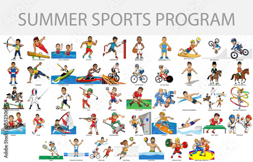 Summer Games athletes isolated on white background in cartoon style. Summer Games 2024. All disciplines. Vector illustration.