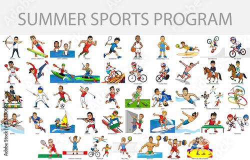 Summer Games athletes isolated on white background in cartoon style. Summer Games 2024. All disciplines. Vector illustration.